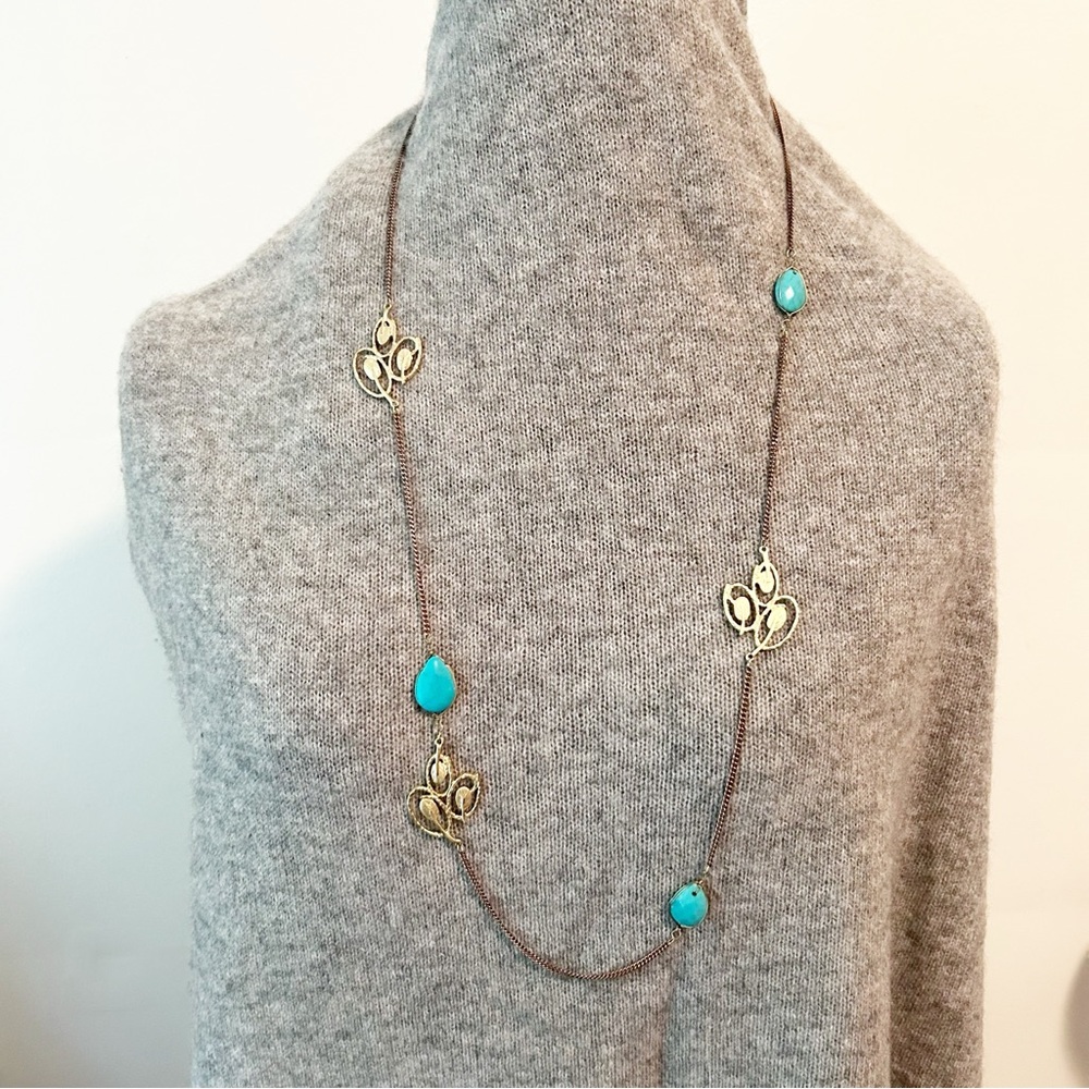 Bronze and Gold Toned Necklace with Turquoise Stones - 13" Drop
